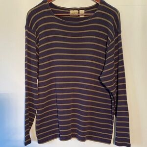 L.L. Bean Navy and Khaki Striped Long Sleeve Tee